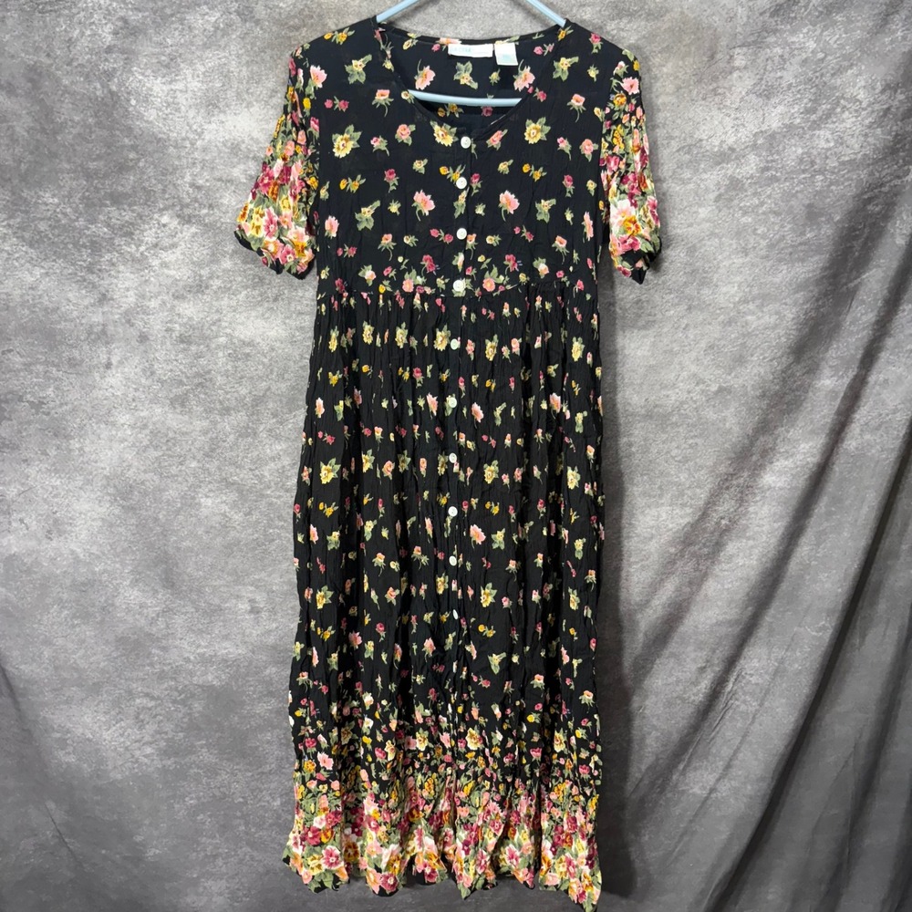 VTG Y2K La Cera Black Floral Button Front Maxi Dress Size S Fairy Grunge Crinkle